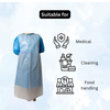 A light blue and white disposable protective gown shown from the back on a mannequin, with text reading 'Suitable for' and icons for Medical, Cleaning, and Food handling on a pale blue background.