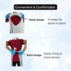 Diagram showing features of an apron with neck whole and back straps on a light blue background.