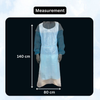 Measurement chart of a disposable apron with dimensions on a light blue background