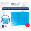 TENA Care blue bags with a biohazard symbol, packaging details, and recycling information.